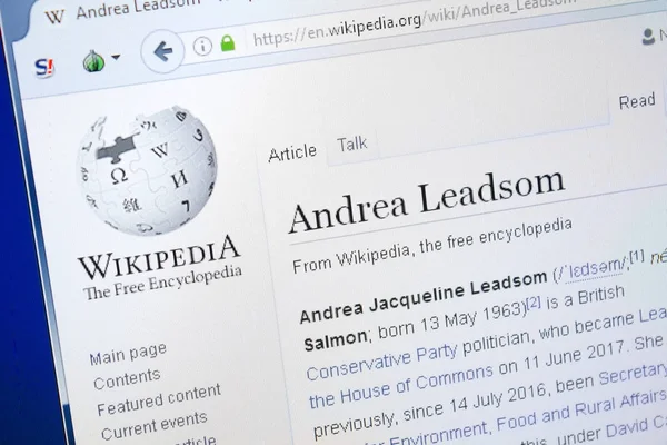Ryazan, Rusya - 28 Ağustos 2018: Vikipedi sayfa hakkında Andrea Leadsom Pc ekranda.