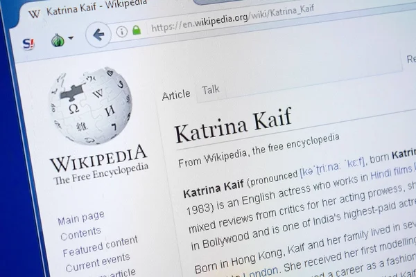 Ryazan Rusia Agosto 2018 Página Wikipedia Sobre Katrina Kaif Pantalla — Foto de Stock