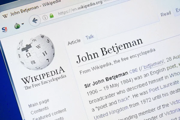 Ryazan, Rusia - 28 Agustus 2018: Halaman Wikipedia tentang John Betjeman pada tampilan PC . — Stok Foto