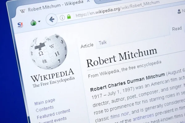 Ryazan, Rusia - 28 Agustus 2018: Halaman Wikipedia tentang Robert Mitchum pada tampilan PC . — Stok Foto