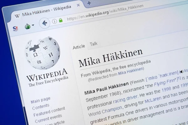 Ryazan, Rusya - 19 Ağustos 2018: Vikipedi sayfa hakkında Mika Hakkinen Pc ekranda