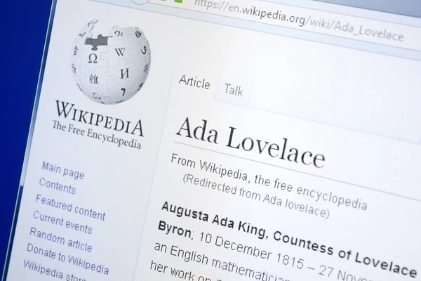 Ryazan, Oroszország - 2018. augusztus 28.: Wikipedia oldala Ada Lovelace, a kijelzőn a Pc. — Stock Fotó