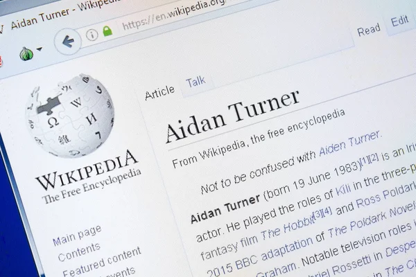 Ryazan, russland - 28. august 2018: wikipedia-seite über aidan-wender auf dem display des pc — Stockbild Ryazan, russland - 28. august 2018: wikipedia-seite über aidan-wender auf dem display des pc. — Stockfoto