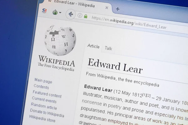 Ryazan, Rusya - 19 Ağustos 2018: Vikipedi sayfa hakkında Edward Lear Pc ekranda