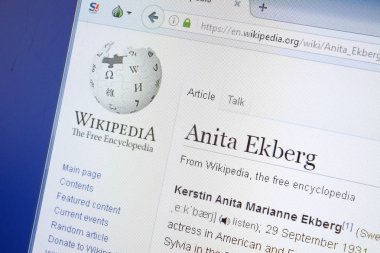 Ryazan, Rusya - 19 Ağustos 2018: Vikipedi sayfa hakkında Anita Ekberg Pc ekranda