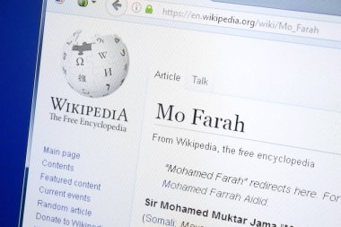 Ryazan, Rusya - 28 Ağustos 2018: Vikipedi sayfa hakkında Mo Farah Pc ekranda.