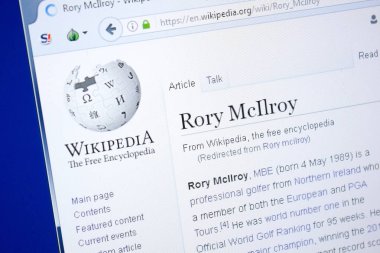 Ryazan, Rusya - 28 Ağustos 2018: Vikipedi sayfa hakkında Rory Mcllroy Pc ekranda.