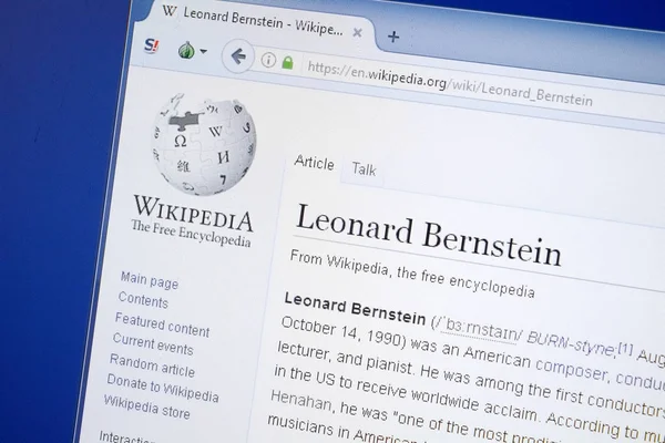 Ryazan Rusia Agosto 2018 Página Wikipedia Sobre Leonard Bernstein Pantalla — Foto de Stock