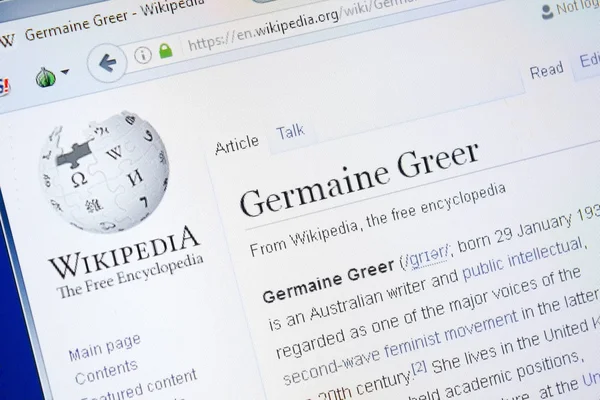 Ryazan, russland - 28. august 2018: wikipedia-seite über germaine greer auf dem display des pc — Stockbild Ryazan, russland - 28. august 2018: wikipedia-seite über germaine greer auf dem display des pc. — Stockfoto