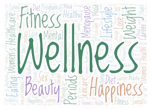 Wellness in horizontal word cloud - illustration made with text only.