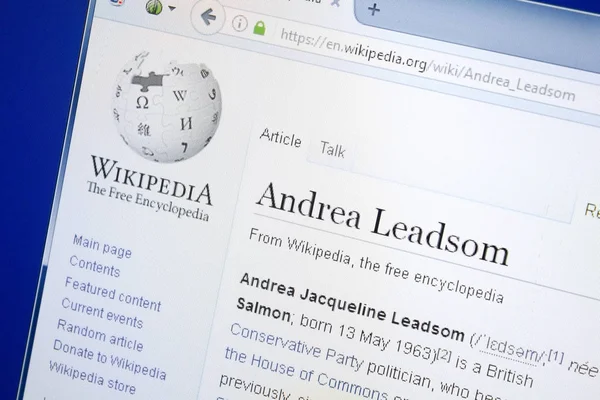 Ryazan, Rusya - 28 Ağustos 2018: Vikipedi sayfa hakkında Andrea Leadsom Pc ekranda.