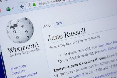 Ryazan, Rusya Federasyonu - 09 Eylül 2018 - Vikipedi sayfa hakkında Jane Russel in Pc bir ekranda