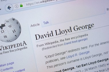 Ryazan, Rusya Federasyonu - 09 Eylül 2018 - Vikipedi sayfa hakkında David Lloyd George Pc ekranda