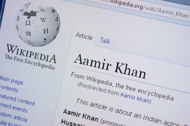 Ryazan, Rusya Federasyonu - 09 Eylül 2018 - Vikipedi sayfası hakkında Aamir Khan'ın Pc görüntüsünü