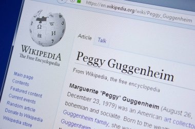 Ryazan, Rusya Federasyonu - 09 Eylül 2018 - Vikipedi sayfa hakkında Peggy Guggenheim Pc ekranda