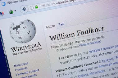 Ryazan, Rusya Federasyonu - 09 Eylül 2018 - Vikipedi sayfa hakkında William Faulkner Pc ekranda