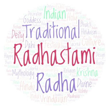 Radhastami daire şekli word Cloud. Harfler ve kelimeler sadece yapılmış Wordcloud.