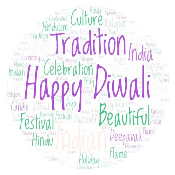 Happy Diwali in circle shape word cloud. Wordcloud made from letters and words only.