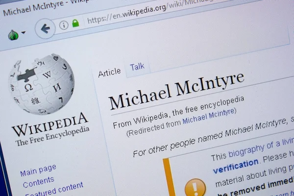 Ryazan Rusia Septiembre 2018 Wikipedia Página Sobre Michael Mcintyre Una — Foto de Stock