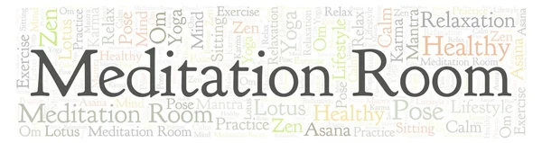 Meditation Room in banner shape word cloud. Wordcloud made with text only.