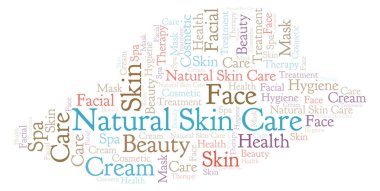 Doğal cilt bakımı kelime bulutu. Yalnızca metin ile yapılan Wordcloud.