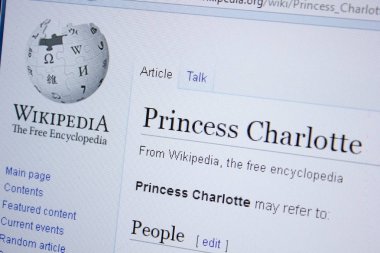Ryazan, Rusya Federasyonu - 09 Eylül 2018 - Vikipedi sayfası Prenses Charlotte hakkında Pc ekranda