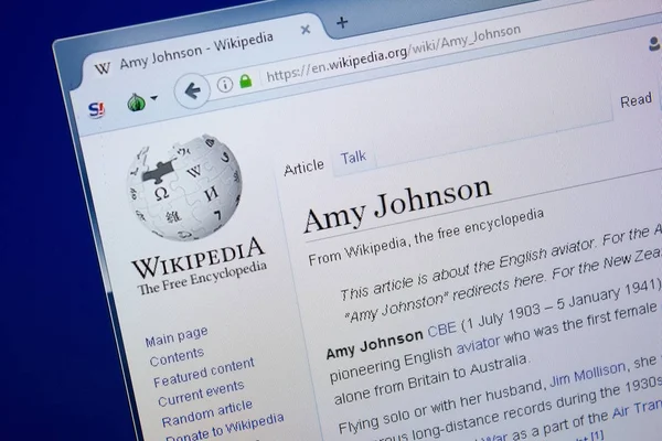 Ryazan Rusia Septiembre 2018 Página Wikipedia Sobre Amy Johnson Una — Foto de Stock
