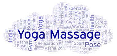 Yoga masaj kelime bulutu. Yalnızca metin ile yapılan Wordcloud.