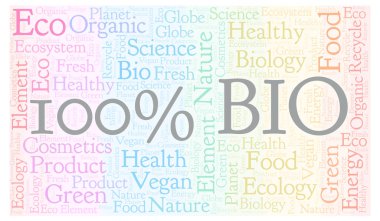 Yüzde 100 Bio kelime bulutu. Yalnızca metin ile yapılan Wordcloud.