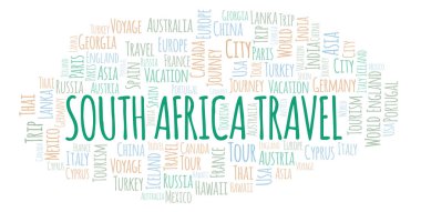 Güney Afrika seyahat kelime bulutu. Yalnızca metin ile yapılan Wordcloud.