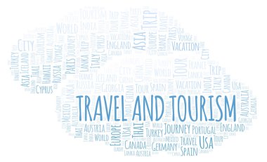 Seyahat ve Turizm kelime bulutu. Yalnızca metin ile yapılan Wordcloud.