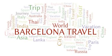 Barcelona seyahat kelime bulutu. Yalnızca metin ile yapılan Wordcloud.