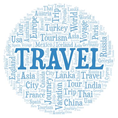 Kelime bulutu seyahat. Yalnızca metin ile yapılan Wordcloud.