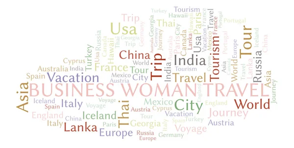 ビジネス女性旅行単語の雲 テキストのみで作られた Wordcloud — ストック写真