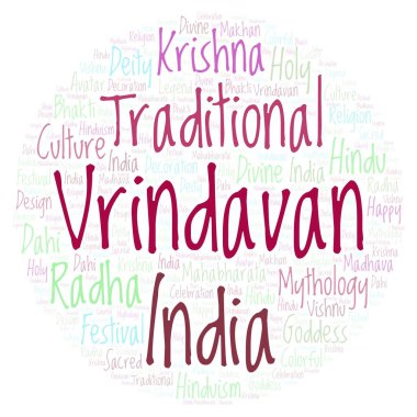 Vrindavan daire şekli word Cloud. Harfler ve kelimeler sadece yapılmış Wordcloud.