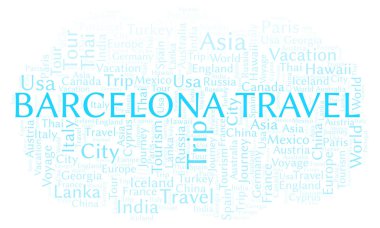 Barcelona seyahat kelime bulutu. Yalnızca metin ile yapılan Wordcloud.
