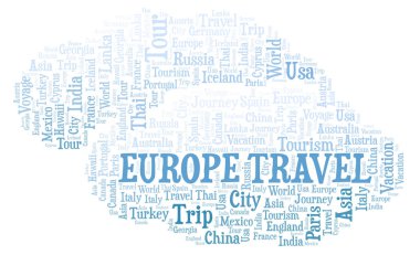 Avrupa seyahat kelime bulutu. Yalnızca metin ile yapılan Wordcloud.