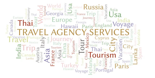 Agência Viagens Serviços Nuvem Palavras Wordcloud Feito Apenas Com Texto — Fotografia de Stock