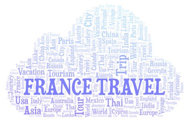 Fransa seyahat kelime bulutu. Yalnızca metin ile yapılan Wordcloud.