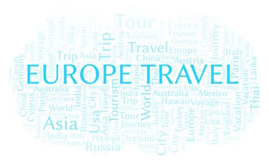 Avrupa seyahat kelime bulutu. Yalnızca metin ile yapılan Wordcloud.