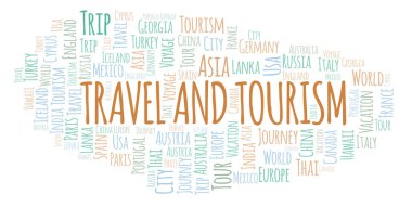 Seyahat ve Turizm kelime bulutu. Yalnızca metin ile yapılan Wordcloud.