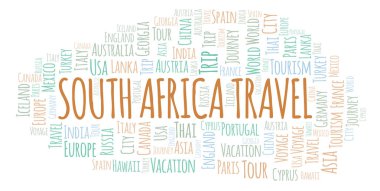 Güney Afrika seyahat kelime bulutu. Yalnızca metin ile yapılan Wordcloud.