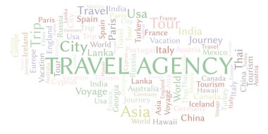 Seyahat acentası kelime bulutu. Yalnızca metin ile yapılan Wordcloud.