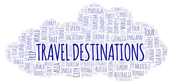 Destinazioni Viaggio Parola Nuvola Wordcloud Realizzato Solo Con Testo — Foto Stock