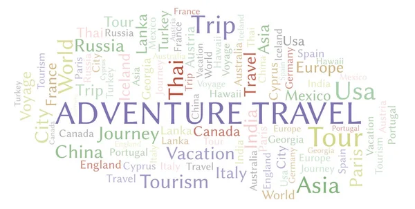 Adventure Travel Nuvem Palavras Wordcloud Feito Apenas Com Texto — Fotografia de Stock