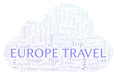 Avrupa seyahat kelime bulutu. Yalnızca metin ile yapılan Wordcloud.