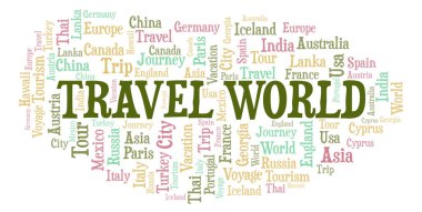 Dünya kelime bulutu seyahat. Yalnızca metin ile yapılan Wordcloud.