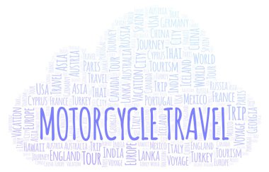 Seyahat kelime bulutu motosiklet. Yalnızca metin ile yapılan Wordcloud.