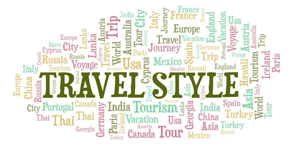 Estilo Viagem Nuvem Palavras Wordcloud Feito Apenas Com Texto — Fotografia de Stock