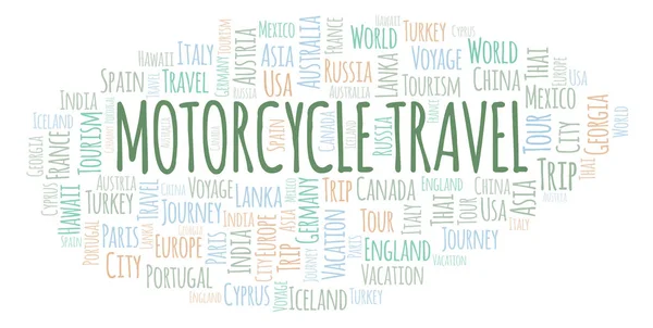 Motocicleta Viaje Nube Palabra Wordcloud Hecho Solo Con Texto —  Fotos de Stock